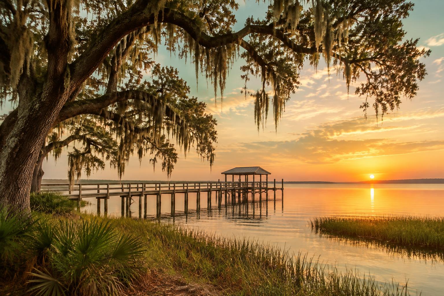 A wooden pier on the Mississippi Gulf Coast at sunrise